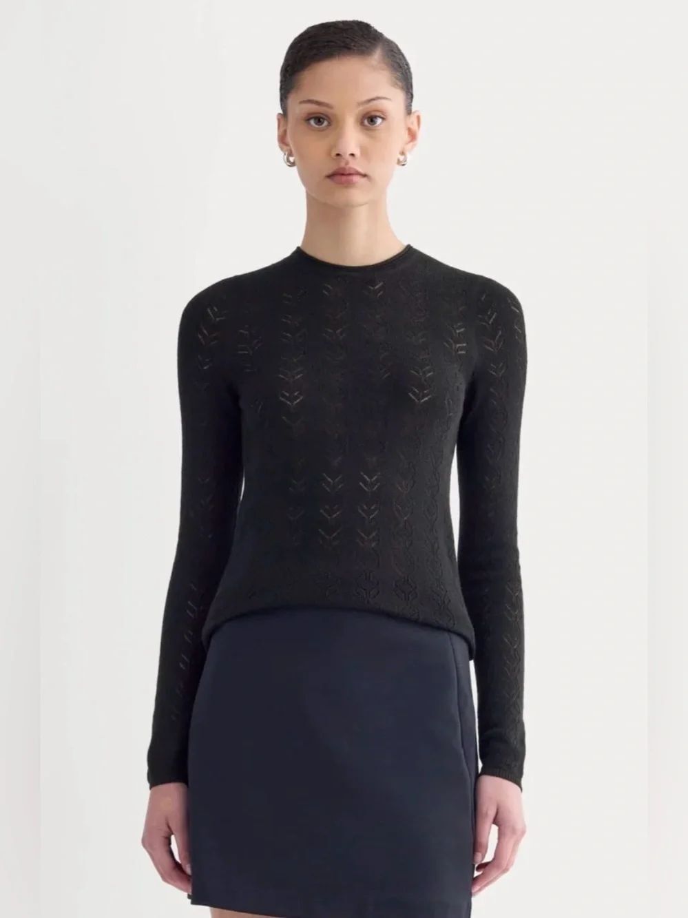 New Everlane THE POINTELLE CREW IN ULTRASOFT MERINO Black Size XS